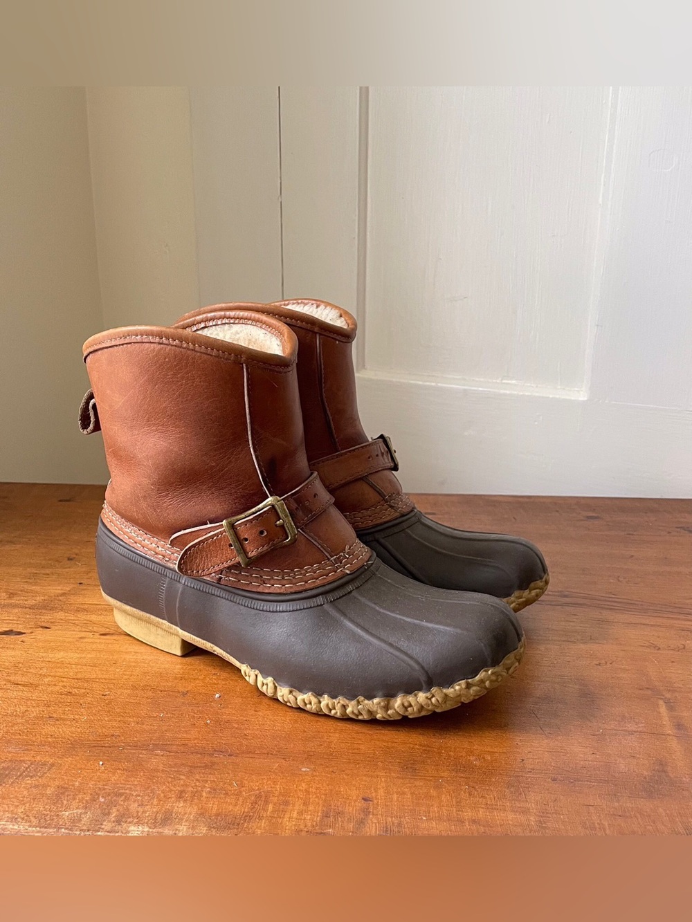 Vintage LL Bean Buckle Duck Boots Womens Size 8 Brown Leather Waterproof Rain
